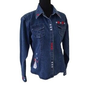 Vintage EUC Riders women's embroidered snowman love denim jean jacket, L, blue